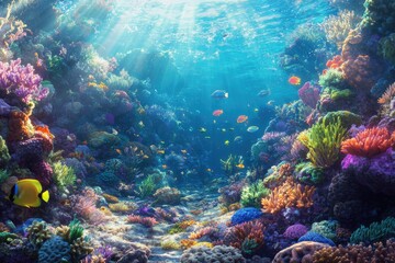 Fototapeta premium Vibrant underwater scene showcasing a diverse coral reef teeming with colorful fish and various coral species.