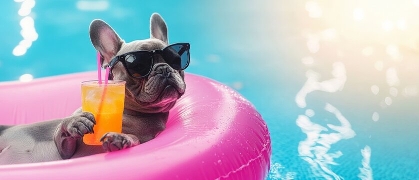 Cool French Bulldog in Sunglasses Sipping Drinks on a Floating Pool Ring, Perfect for Summer Vibes and Pet Lover Themes