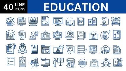 Education set of web icons in line style. Learning icons for web and mobile app. E-learning, video tutorial, knowledge, study, school, university, webinar, online education. Vector illustration
