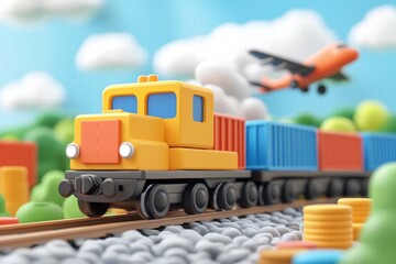 Fototapeta premium Colorful toy train and airplane in a playful landscape 3d render children's imagination bright and cheerful environment