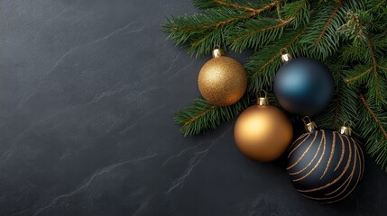 Elegant Christmas Ornaments on Dark Background - Festive gold and dark blue baubles nestled amongst pine branches on a black slate surface.  Symbolizing: elegance, celebration, winter, tradition, joy.