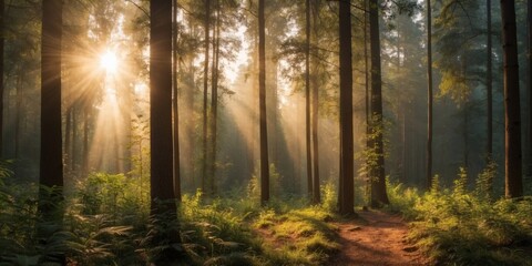Fototapeta premium Sunlight filters through trees in a serene forest setting during morning hours