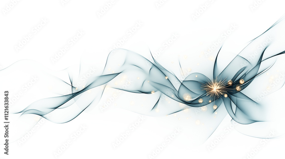 Poster abstract digital art featuring flowing, translucent blue-gray shapes with glowing orange accents, cr