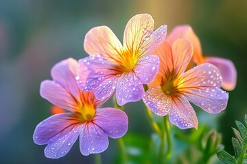 Fototapeta premium Delicate Colorful Flowers with Dew Drops in Soft Light â€“ Vibrant Nature Background for Spring and Summer Themes, Floral Beauty and Serenity