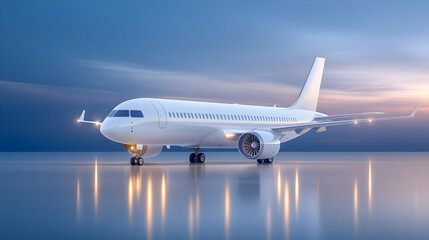 Obraz premium A white passenger jet with boarding stairs is isolated against a sky-filled, bright background.