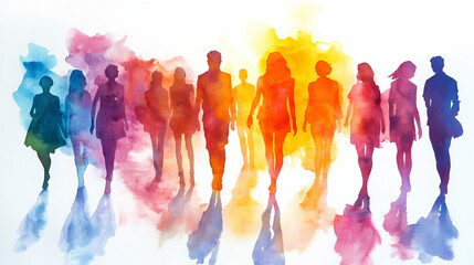 Obraz premium Colorful Watercolor Silhouettes of Walking People Together