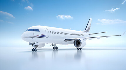 A white passenger jet with boarding stairs is isolated against a sky-filled, bright background.