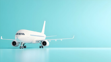 Obraz premium A white passenger jet with boarding stairs is isolated against a sky-filled, bright background.