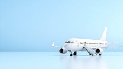 A white passenger jet with boarding stairs is isolated against a sky-filled, bright background.