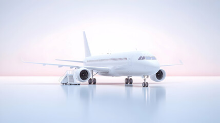 Obraz premium A white passenger jet with boarding stairs is isolated against a sky-filled, bright background.