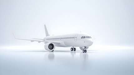 A white passenger jet with boarding stairs is isolated against a sky-filled, bright background.