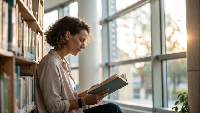 Close up woman reading a book with peaceful reflection in a quiet library