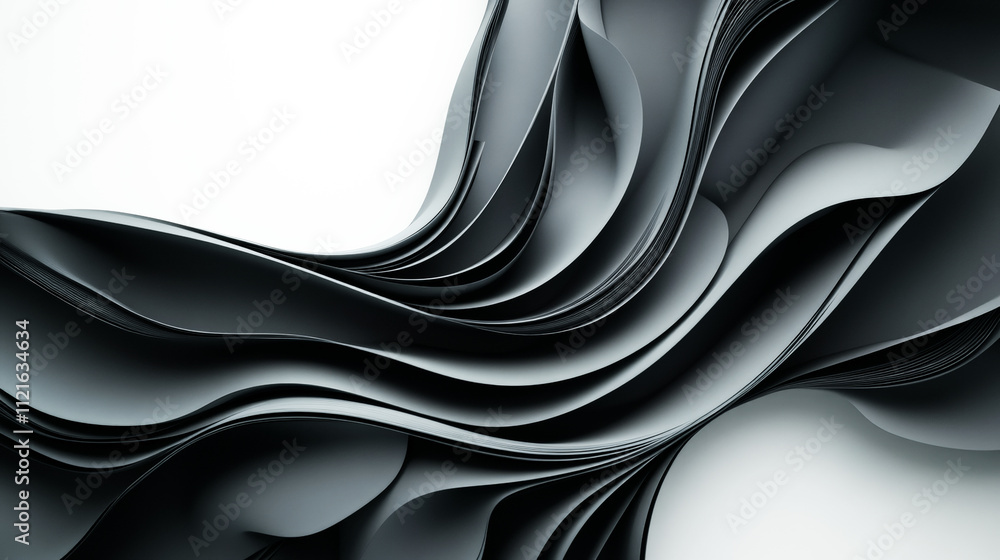 Poster an abstract image featuring smooth, flowing black and gray curves interweaving, creating a dynamic, 