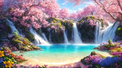 A beautiful paradise land full of flowers,  sakura trees, rivers and waterfalls, a blooming and magical idyllic Eden garden