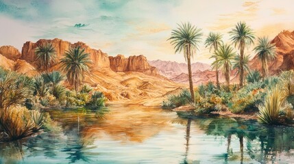 Serene oasis: palm trees, water, desert mountains.
