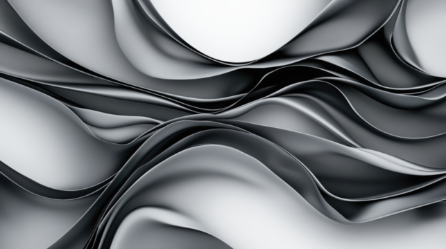 Abstract black and white image featuring smooth, flowing curves and folds, creating a dynamic and fluid composition reminiscent of fabric or waves.