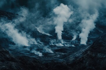 Fototapeta premium Geothermal power plant nestled in a volcanic landscape, steam rising from vents and machinery.