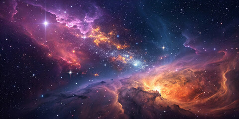 Fototapeta premium Cloud nebula of a colorful cosmic galaxy. Starry night sky. Astronomy and universe science. Background wallpaper of a supernova planetary planet and moon.