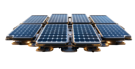Modern solar panels in a symmetrical arrangement, glowing under strategic lighting, depicting clean energy technology in a futuristic setting.