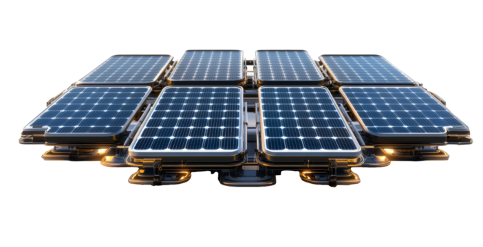Modern solar panels in a symmetrical arrangement, glowing under strategic lighting, depicting clean energy technology in a futuristic setting.