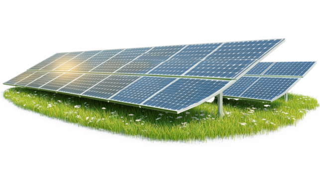 Solar panels installed on a grassy area, capturing sunlight for renewable energy. The bright sky reflects eco-friendly and sustainable technology practices.