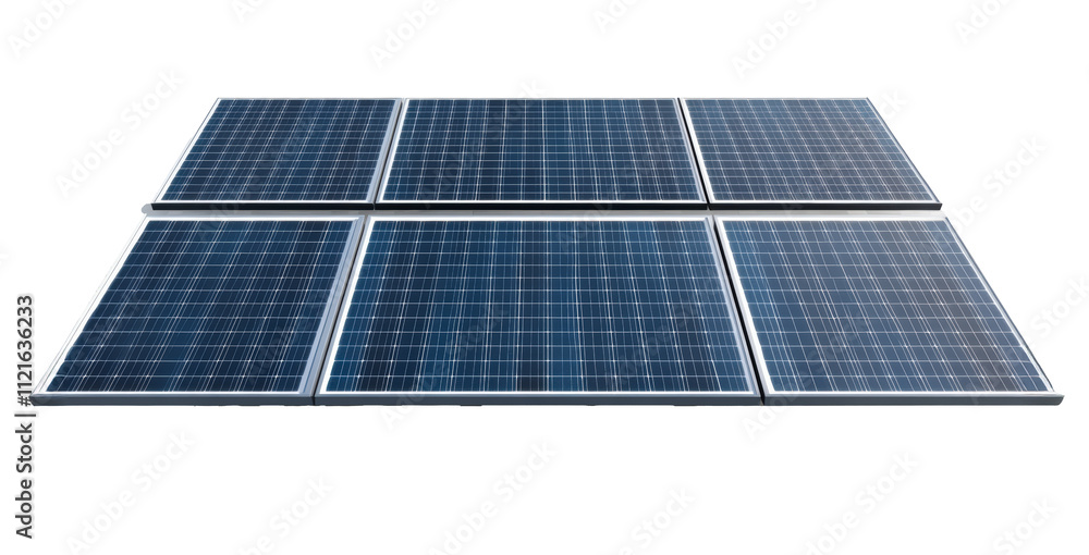 Poster six solar panels are arranged in two rows on a reflective surface, showcasing a clean energy solutio