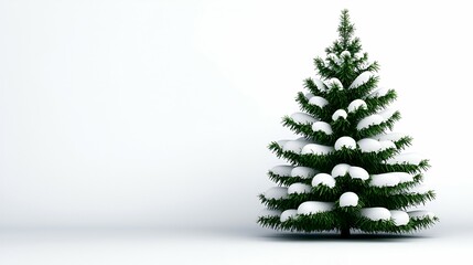 A snow-covered Christmas tree stands elegantly against a white background, embodying the spirit of winter and festive celebrations.
