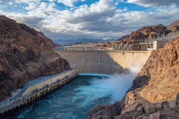 Hoover Dam's powerful water release creates a breathtaking spectacle amidst the rugged desert landscape.