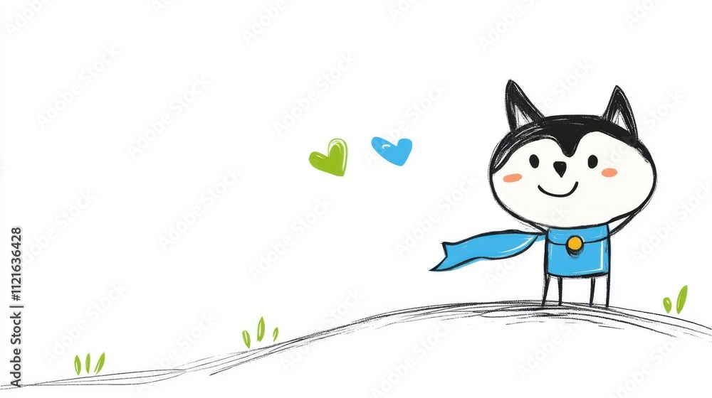 Poster cute cartoon character with blue cape and joyful expression on a simple background with colorful hea