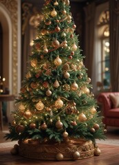 A beautiful Christmas tree with intricate carvings and glittery ornaments, festive trees, sparkly decorations, glittery ornaments