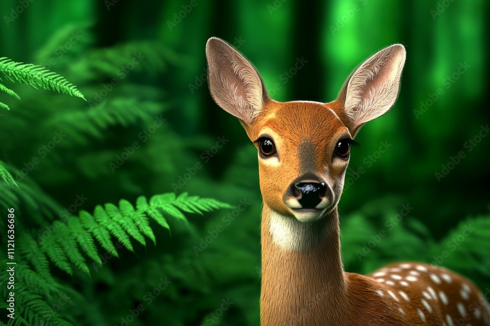 Poster A 3D-rendered deer in a dense forest, with light filtering through the trees and reflecting off its glossy coat
