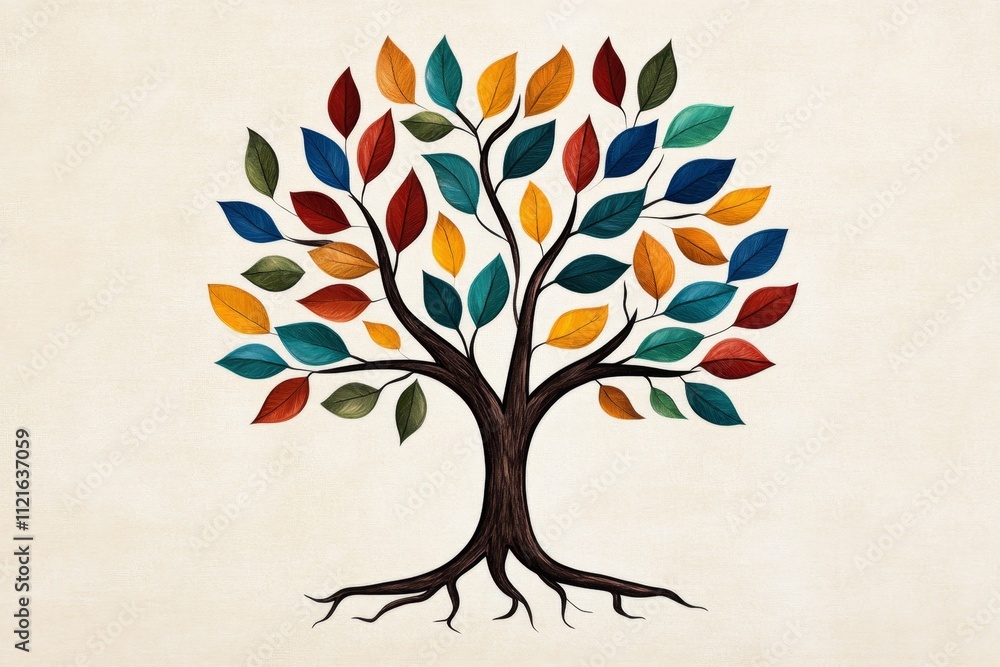 Poster a bold graphic of a tree with roots looping into a seed, symbolizing life continuity, drawn in simpl