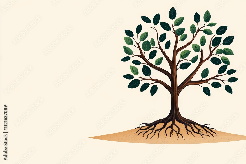 Poster a bold graphic of a tree with roots looping into a seed, symbolizing life continuity, drawn in simpl