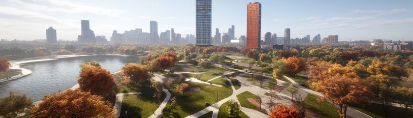 Obraz premium Magnificent Autumn Cityscape with Skyscrapers, Bridges, and Colorful Foliage