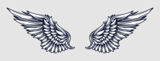 Angel wing illustration vector, wings graphic element, thin line black, angelic feathered vector