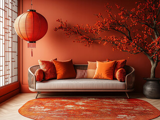 Interior of modern living room. traditional Chinese decorations concept. Chinese New Year celebration.