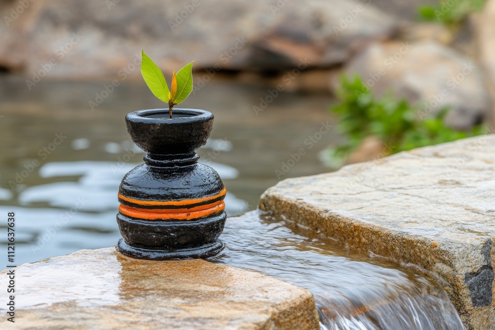 Leinwandbilder a clean outline of a shivlinga with a subtle water stream and light rays, symbolizing peace and divi