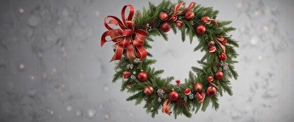 A delicate Christmas wreath made of evergreen branches and decorated with ornaments and ribbons, , festive decoration, elegant decor
