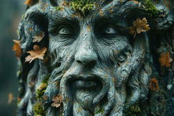 ancient wooden pagan idol, face with beard and mustache,.  