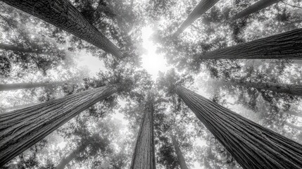 Low-angle view of majestic redwood trees in a misty forest, reaching towards a bright sky.