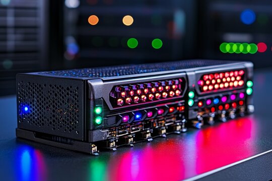 A close-up of a RAID storage array, with blinking indicator lights and sleek metallic casings