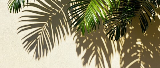 Naklejka premium Elegant Green Palm Leaves Casting Intricate Shadows on a Soft Beige Wall - Tropical Vibes and Natural Aesthetic for Interior Design