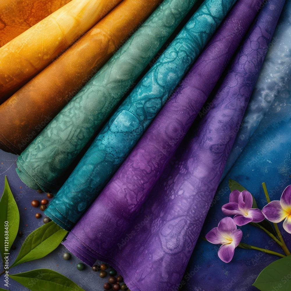 Poster a vibrant array of fabric rolls in various colors, adorned with intricate patterns, surrounded by le