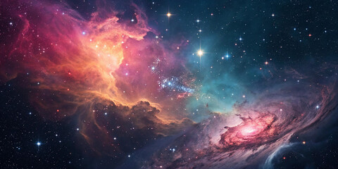Obraz premium Cloud nebula of a colorful cosmic galaxy. Starry night sky. Astronomy and universe science. Background wallpaper of a supernova planetary planet and moon.