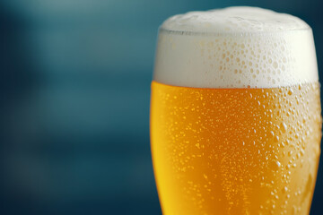 A chilled glass of beer with a frothy head and condensation droplets, set against a blurred blue background, symbolizes refreshment and relaxation.