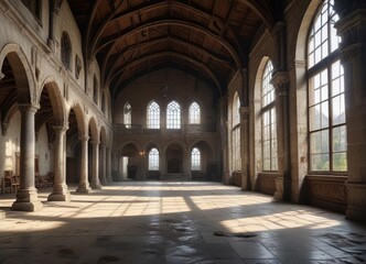 Obraz premium A grand hall with high ceilings and large windows in an abandoned medieval castle , ceilings, hall