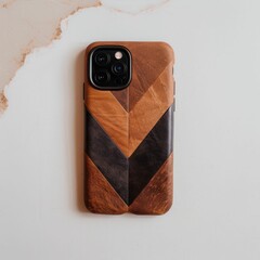 A stylish leather phone case featuring a chevron pattern in warm brown and black tones, enhancing both protection and aesthetics.