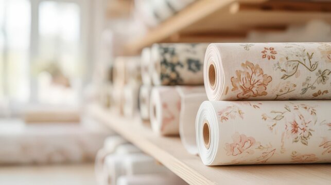 A cozy display of decorative wallpaper rolls showcasing floral patterns on wooden shelves in a bright, inviting space.