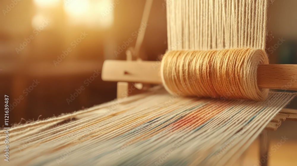Poster a close-up of a weaving loom with colorful threads, capturing the craftsmanship and intricate detail