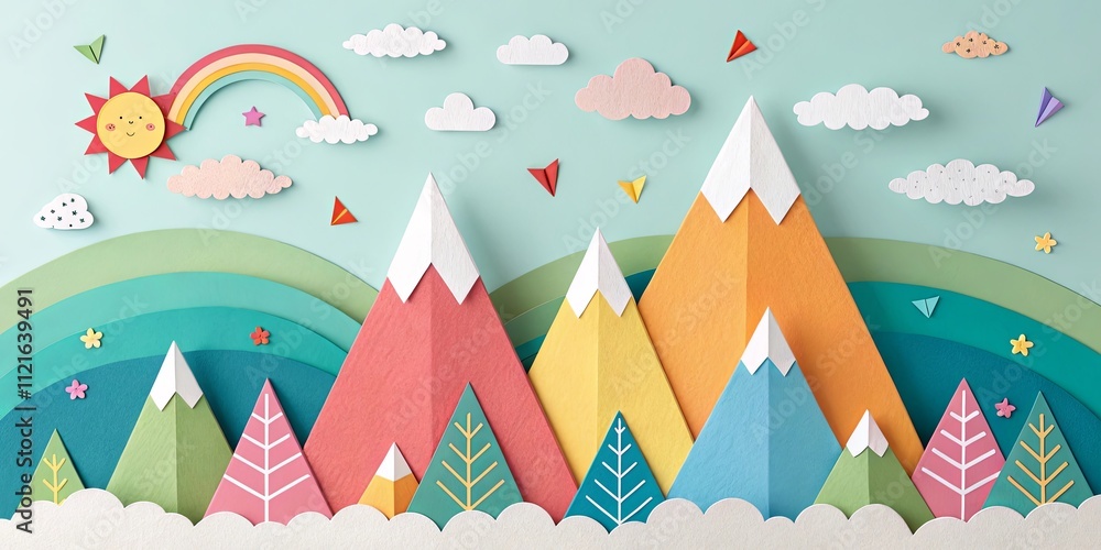 Poster a colorful mountain range with a rainbow in the sky